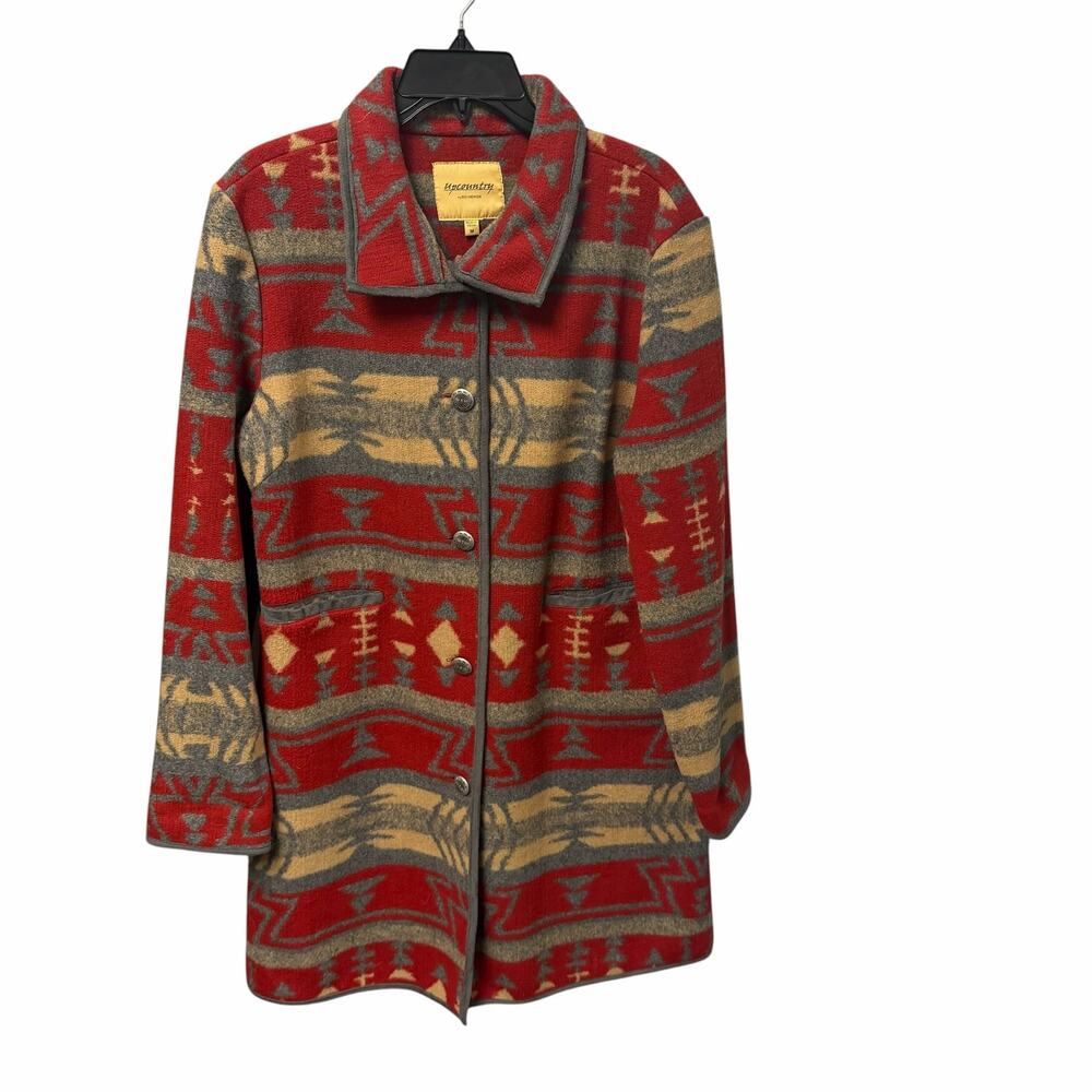 Upcountry by Du Monde Southwestern Knit Longline Jacket Red Gray Tan Medium